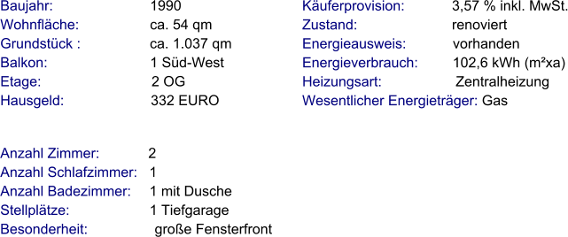Anzahl Zimmer:            2 Anzahl Schlafzimmer:   1  Anzahl Badezimmer:     1 mit Dusche   Stellplätze:                     1 Tiefgarage Besonderheit:                 große Fensterfront Baujahr:                         1990 Wohnfläche:                  ca. 54 qm Grundstück :                 ca. 1.037 qm Balkon:                          1 Süd-West Etage:                            2 OG Hausgeld:                      332 EURO    Käuferprovision:            3,57 % inkl. MwSt. Zustand:                        renoviert Energieausweis:            vorhanden Energieverbrauch:         102,6 kWh (m²xa) Heizungsart:                   Zentralheizung Wesentlicher Energieträger: Gas